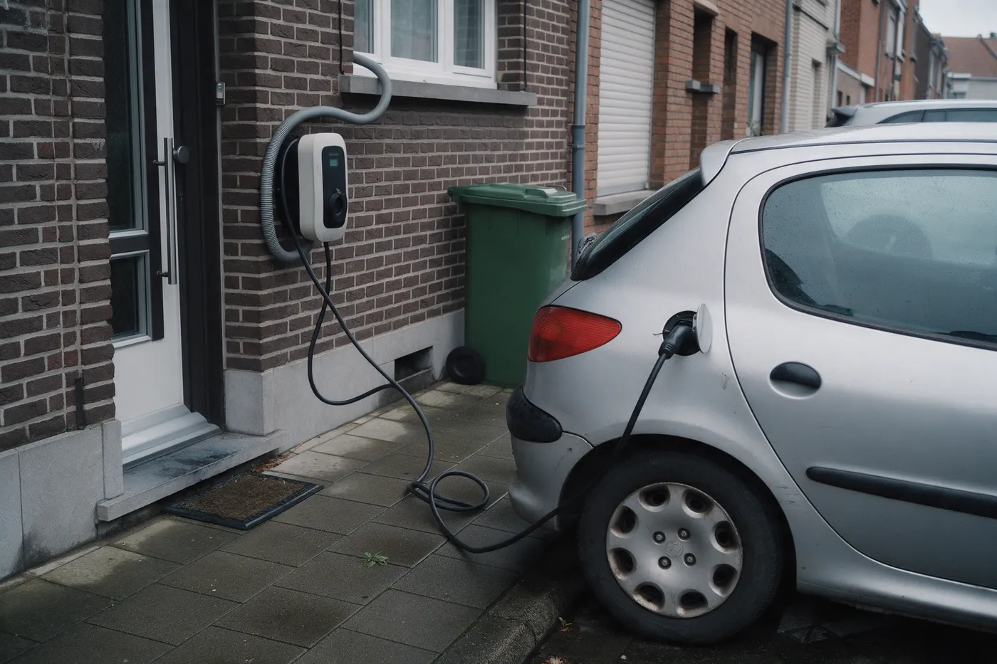 Laadpaal en laadkabel aan de voorzijde van een Vlaamse rijwoning, het toestel dat je maandpiek het hardst omhoog duwt