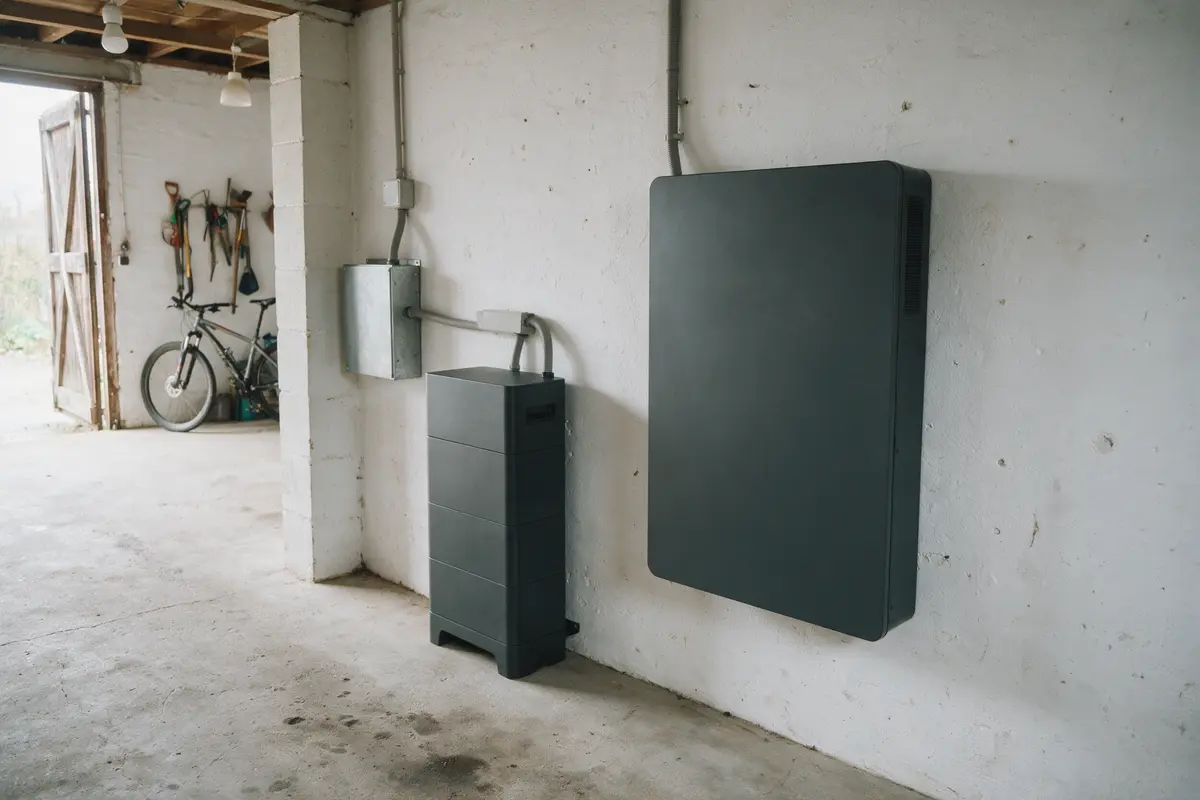 Twee huisbatterijen van verschillend formaat naast elkaar tegen een garagemuur