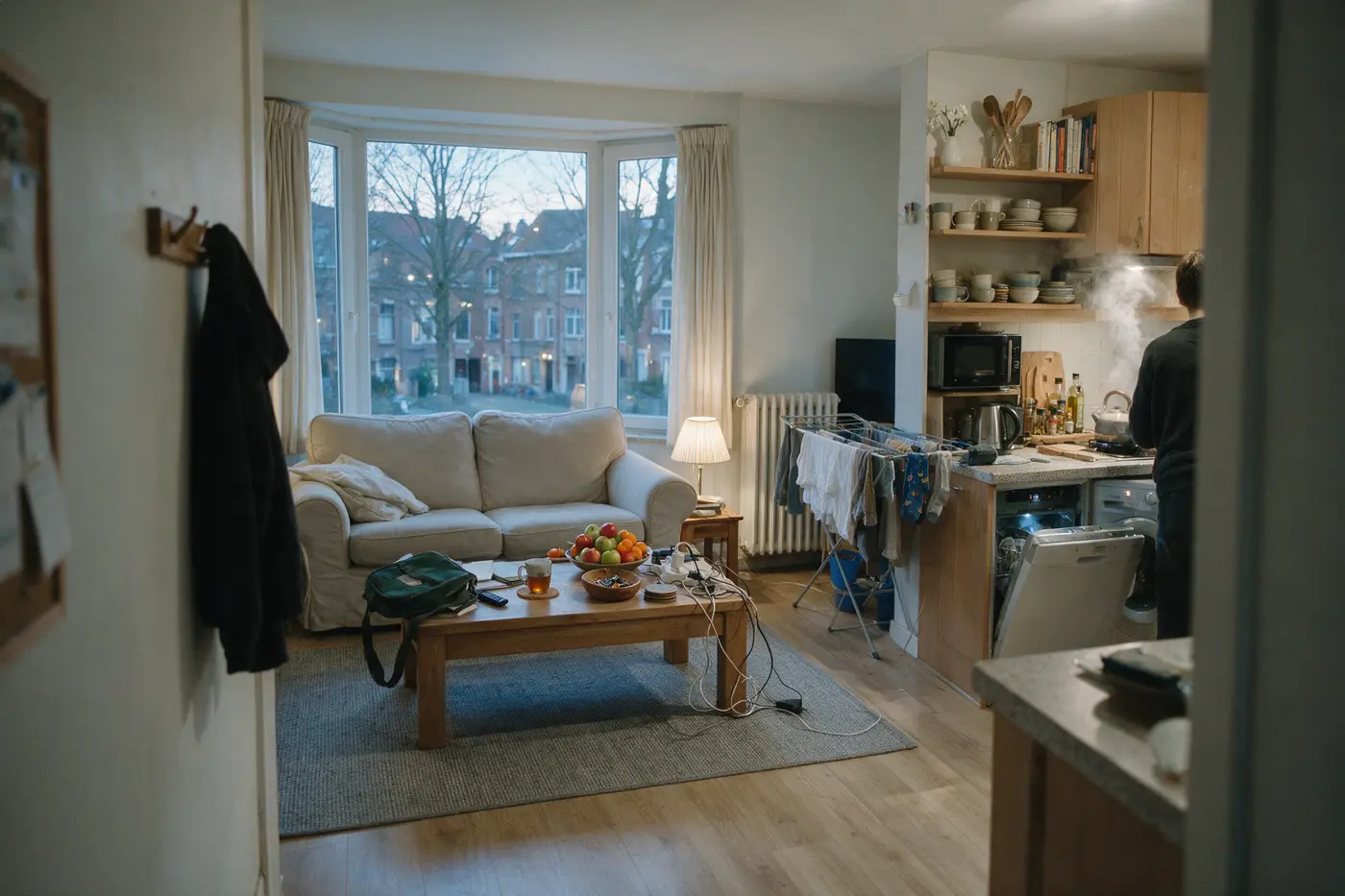 Vlaamse woonkamer en keuken op een winteravond, met vaatwasser, wasmachine en televisie tegelijk in gebruik