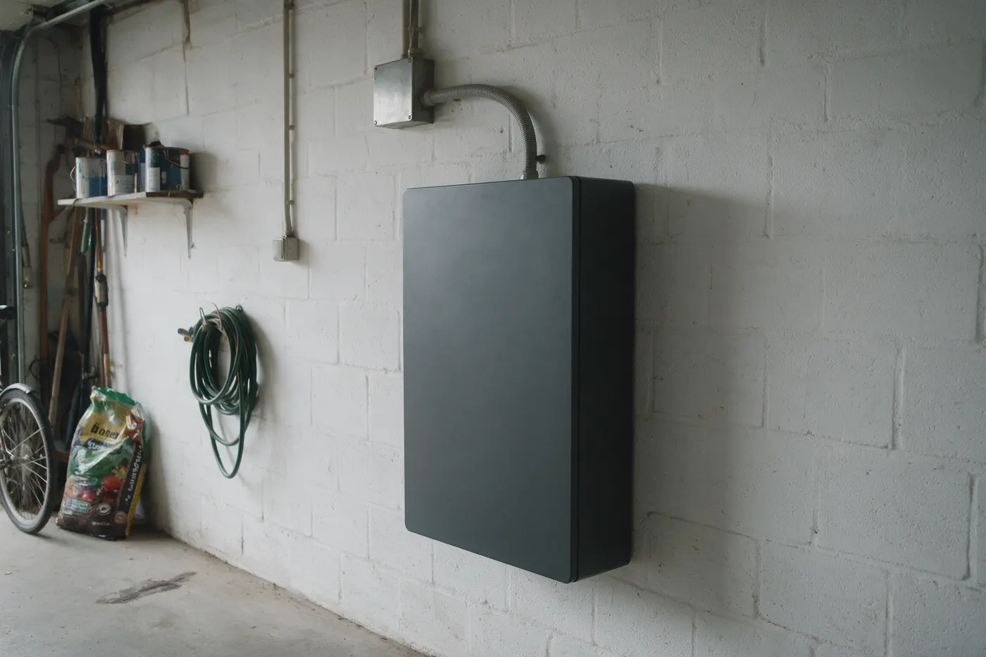 Batterijkast aan een garagemuur in een gewone Belgische garage