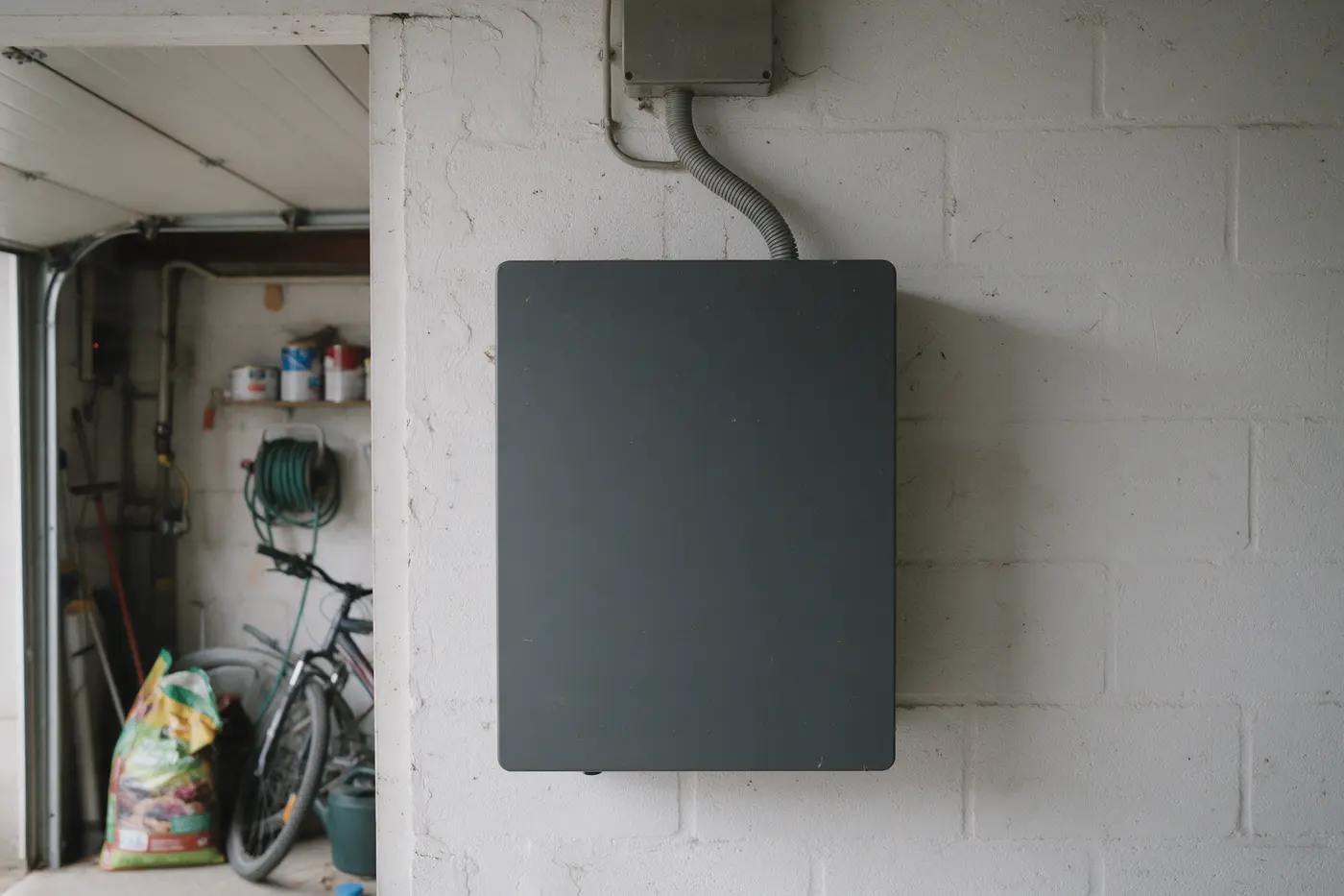 Onbedrukte thuisbatterij aan de muur van een Vlaamse garage, met kabelgoot naar de zekeringkast