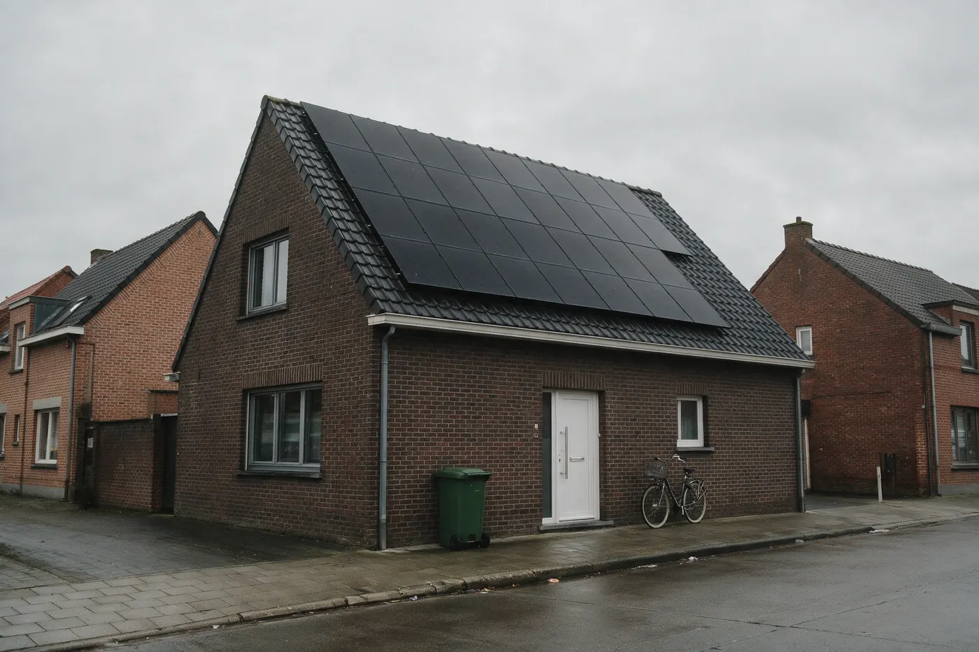 Vlaamse rijwoning met zonnepanelen op het dak onder een bewolkte middaghemel, situatie waarin negatieve stroomprijzen ontstaan