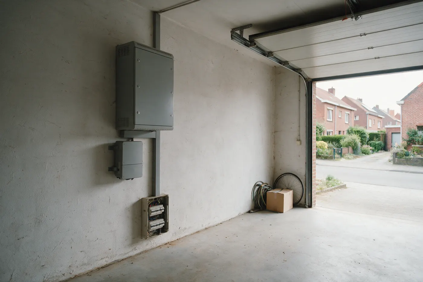 Thuisbatterij en omvormer aan de garagemuur van een Vlaamse woning, opslag als antwoord op negatieve stroomprijzen