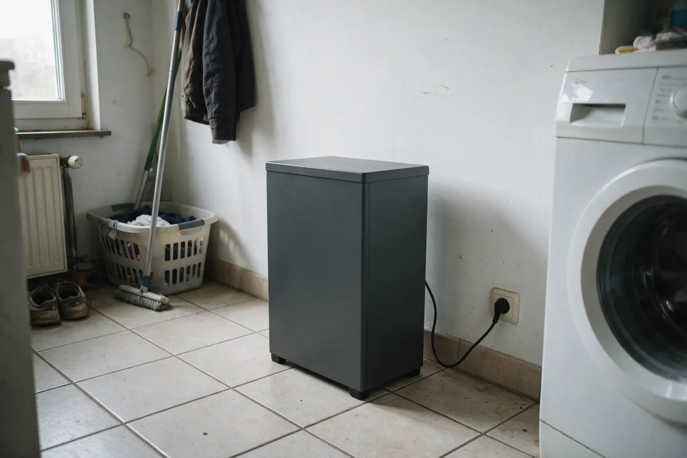 Stekkerbatterij in een Vlaamse berging, aangesloten op een gewoon stopcontact
