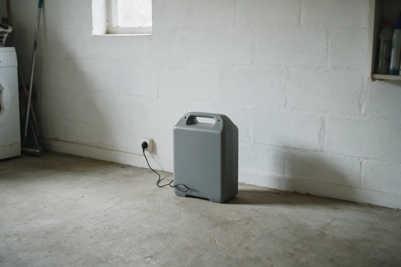 Plug-in batterij in een Belgische berging, aangesloten op een gewoon stopcontact