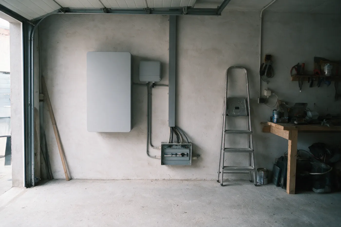 Door Synergrid toegelaten thuisbatterij en omvormer aan de muur van een Vlaamse garage, kabels naar de zekeringkast