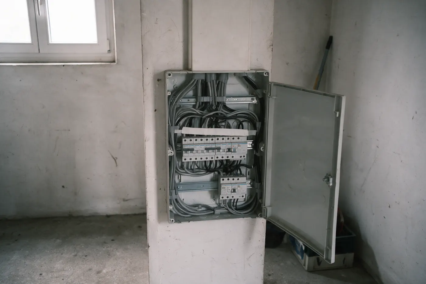 Zekeringkast van een Vlaamse woning waar een vaste thuisbatterij op aangesloten wordt, met rijen automaten en bekabeling