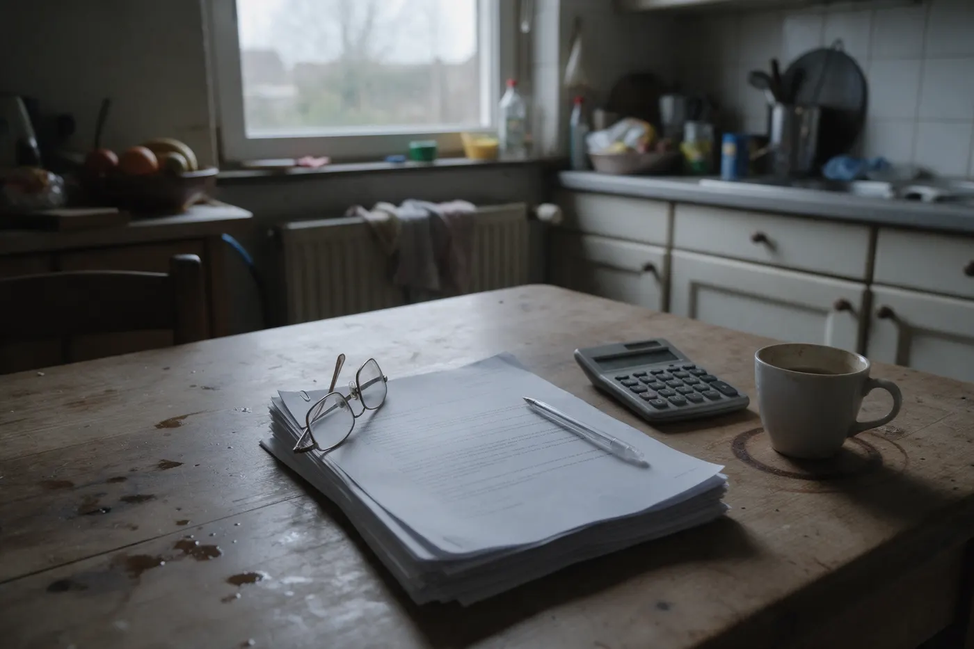 Keukentafel met een stapel contractpapieren, leesbril en rekenmachine — de kleine lettertjes van een terugverdiengarantie thuisbatterij