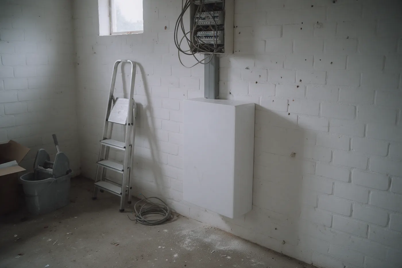 Onbedrukte thuisbatterij aan een gekalkte muur naast een open zekeringkast in een bergruimte