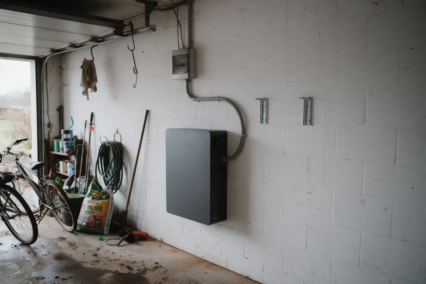 Thuisbatterij aan een garagewand met daarnaast lege beugels voor een tweede module, uitbreidbaar richting 2030