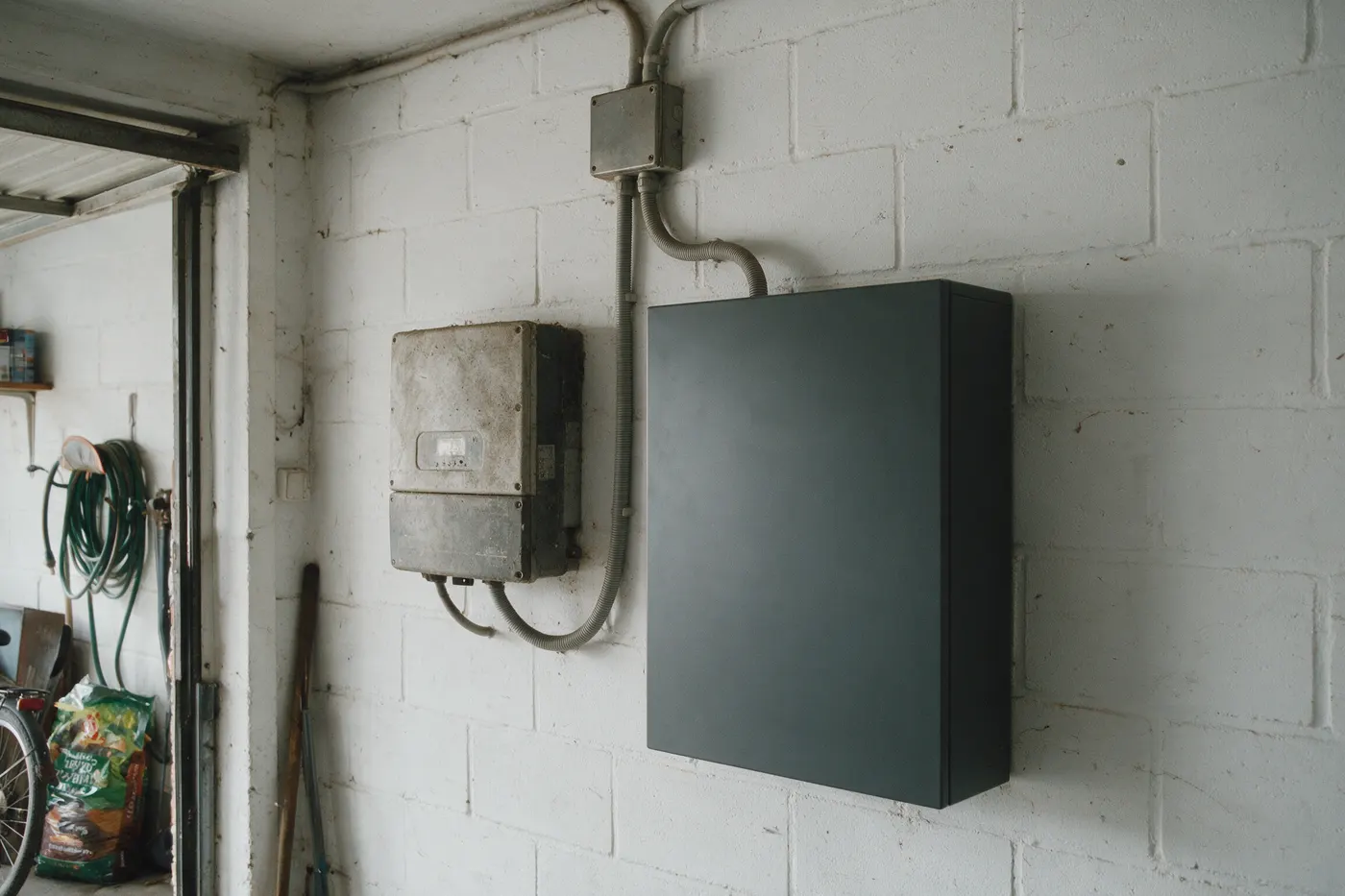 Thuisbatterij naast de bestaande omvormer van zonnepanelen aan een garagemuur in een Vlaamse woning