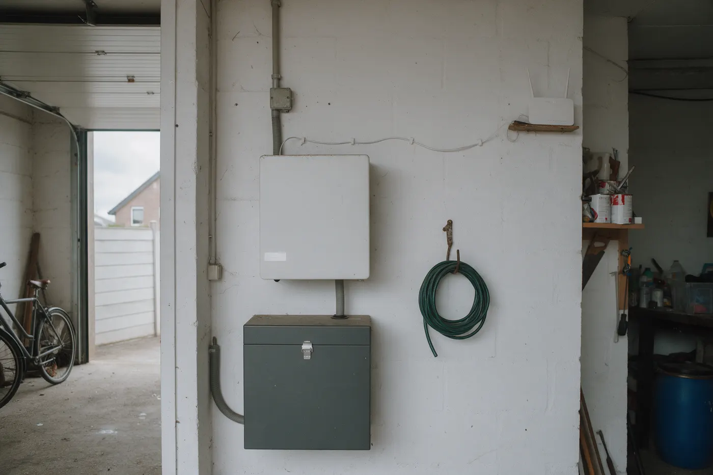 Omvormer en batterijkast tegen een garagemuur in Vlaanderen met een netwerkkabel naar een router, illustratie bij thuisbatterij en cyberveiligheid