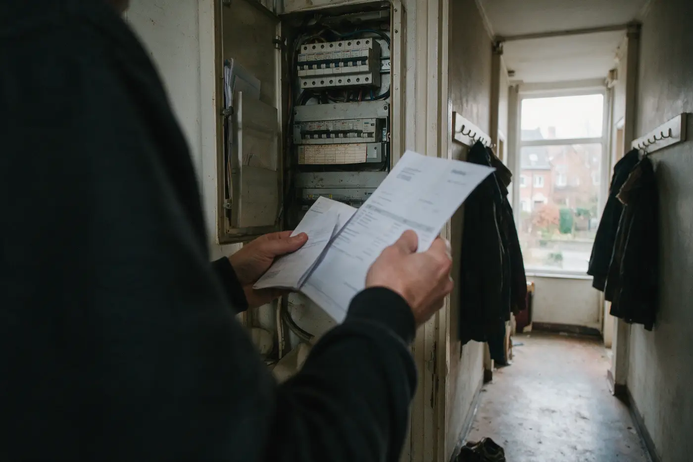 Bewoner met het garantiebewijs en de factuur bij de open meterkast in de gang