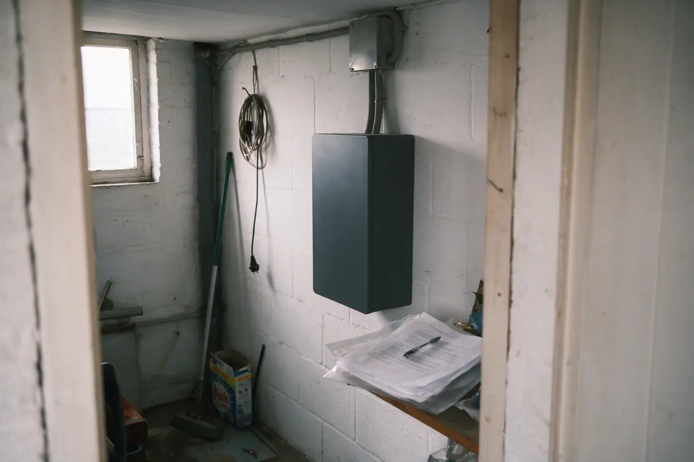Onbedrukte thuisbatterij aan de muur van een bergruimte, met het garantiedossier op de plank ernaast