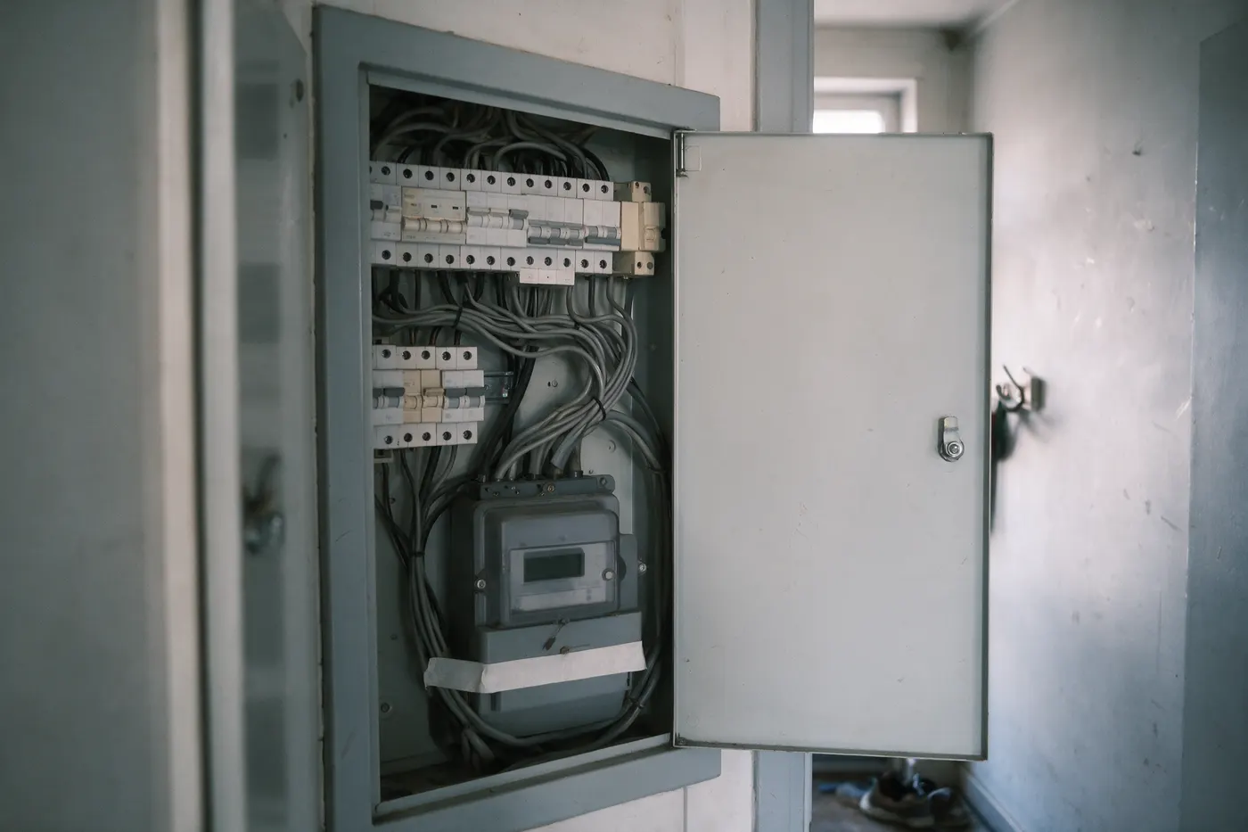 Open meterkast in de gang van een Vlaamse woning met rijen zekeringen, bekabeling en een meter met donker display
