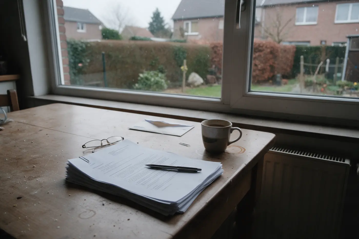 Huurcontract voor een thuisbatterij op de keukentafel, klaar om nagelezen te worden