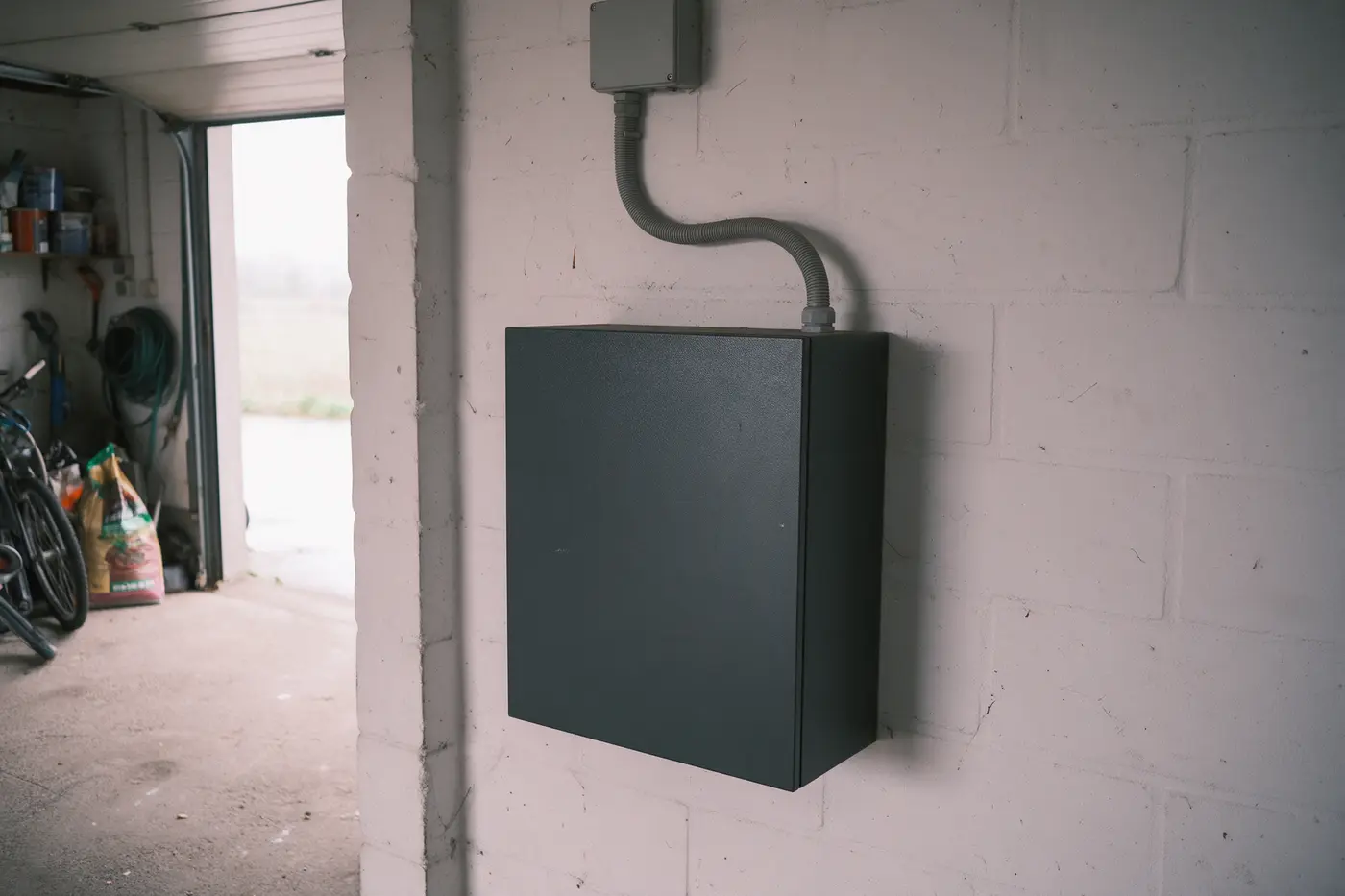 Thuisbatterij huren of kopen: batterijkast aan een garagewand in een Vlaamse woning