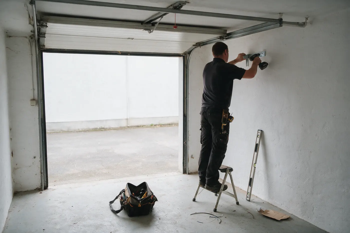 Technieker bevestigt een muurbeugel voor een thuisbatterij in een garage