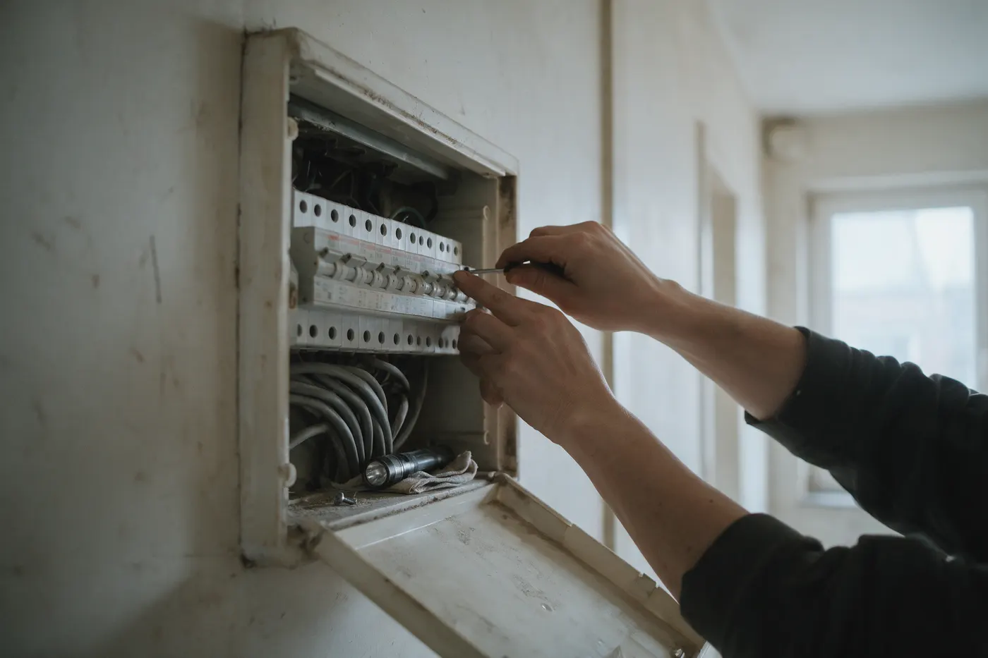 Handen werken in een open zekeringkast bij de aansluiting van een thuisbatterij