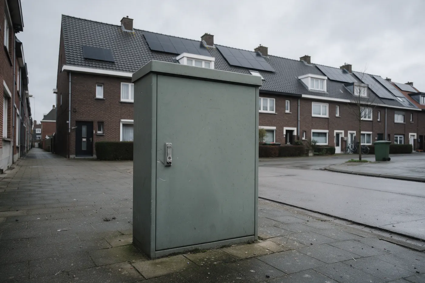 Grijze elektriciteitskast op het voetpad in een Vlaamse woonstraat met zonnepanelen op de daken, illustratie bij thuisbatterij en netcongestie