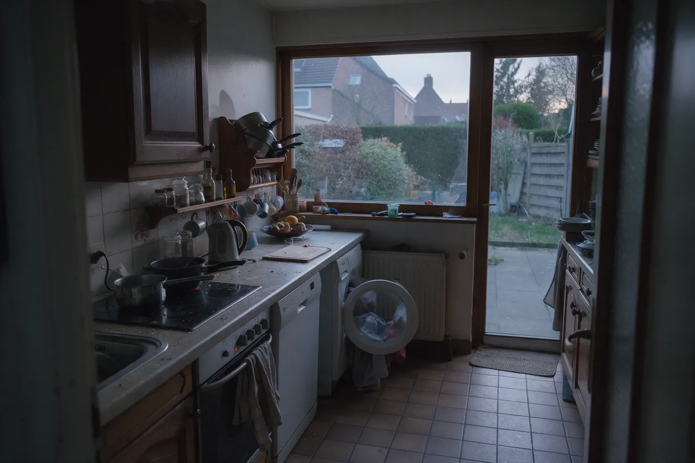 Vlaamse keuken op een grijze avond waar kookplaat, waterkoker en wasmachine samen de maandpiek maken die bij thuisbatterij en netcongestie centraal staat
