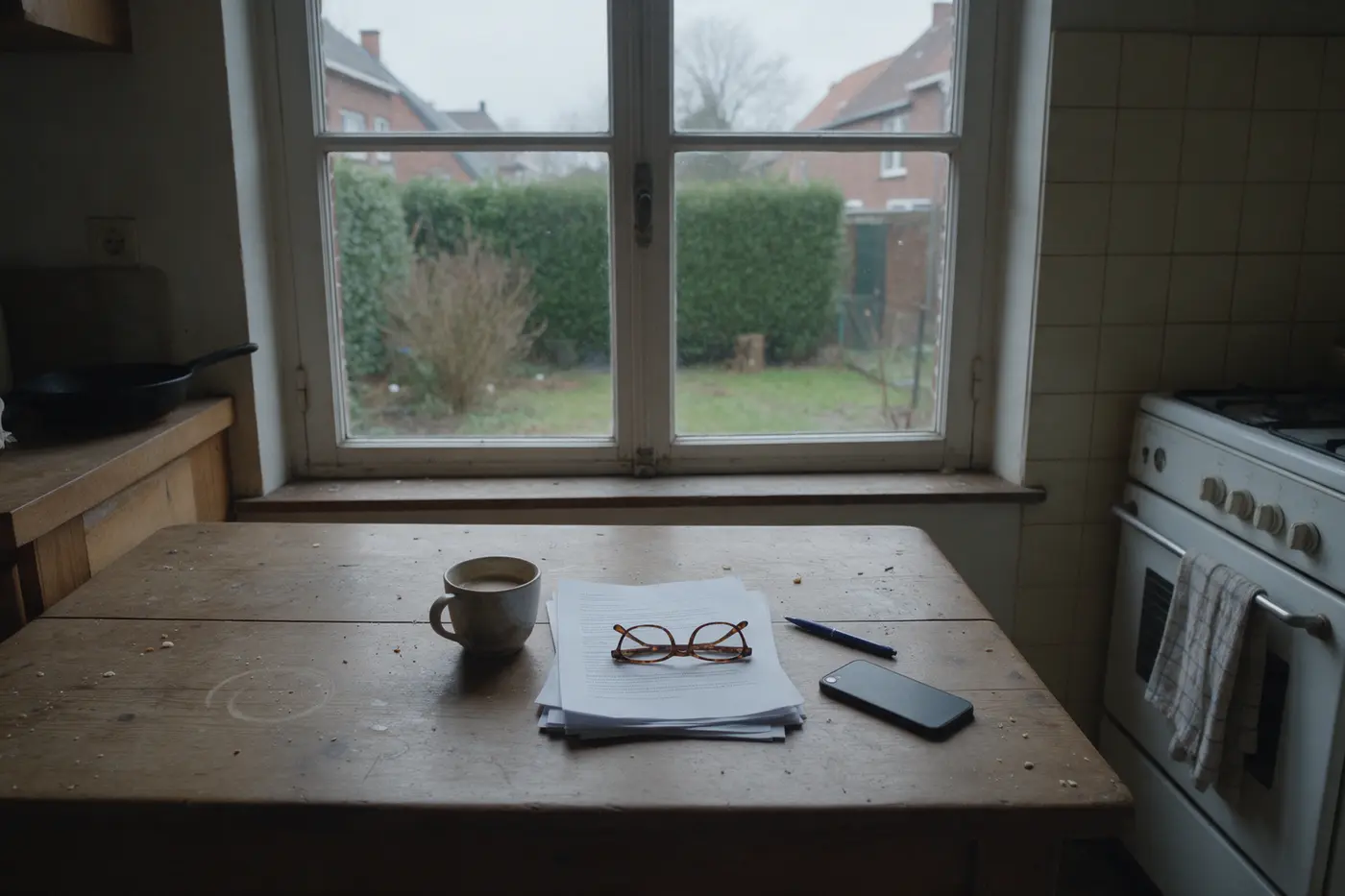 Keukentafel op een grijze ochtend met papieren, een leesbril en een telefoon met zwart scherm, illustratie bij het lezen van een thuisbatterij-onderzoek