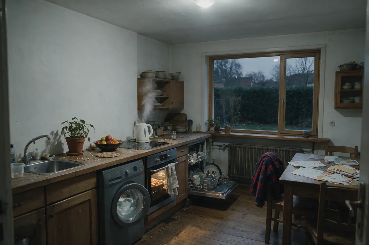 Vlaamse keuken op een winteravond met oven, waterkoker, wasmachine en vaatwasser tegelijk in gebruik