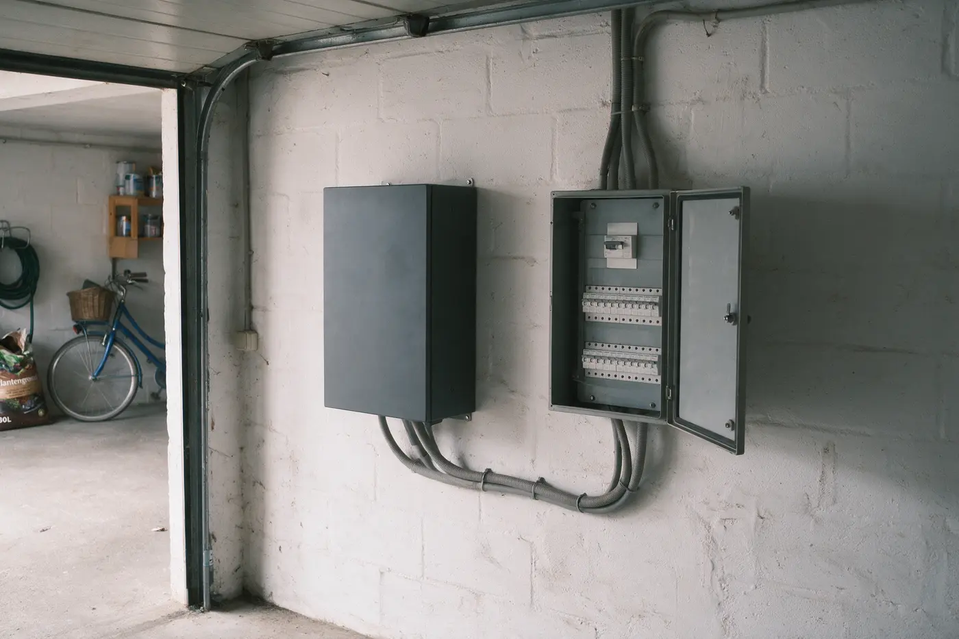 Thuisbatterij en meterkast aan de muur van een Vlaamse garage, met kabels tussen beide