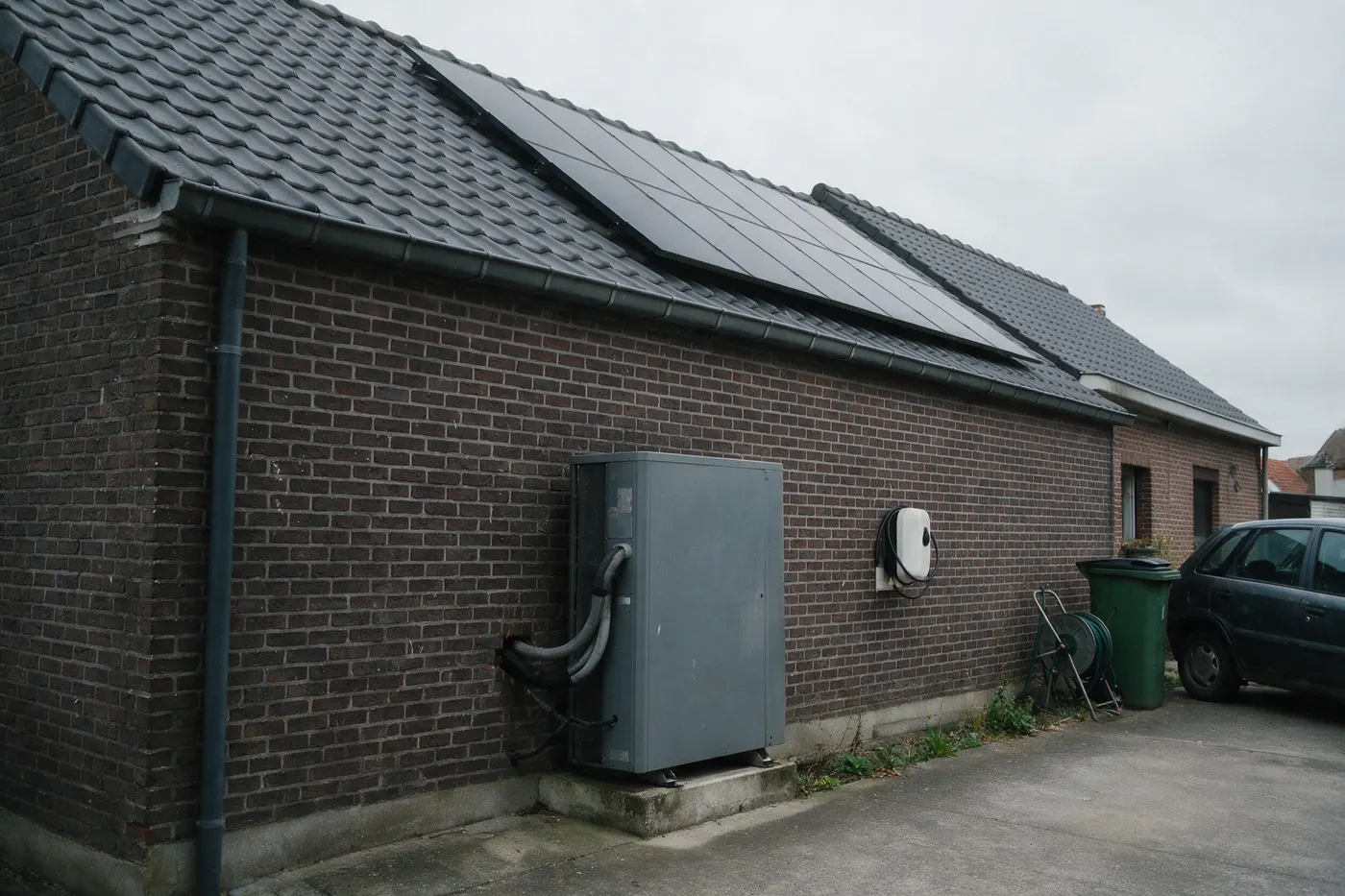 Vlaamse woning met zonnepanelen, een warmtepomp tegen de zijgevel en een laadpaal aan de oprit
