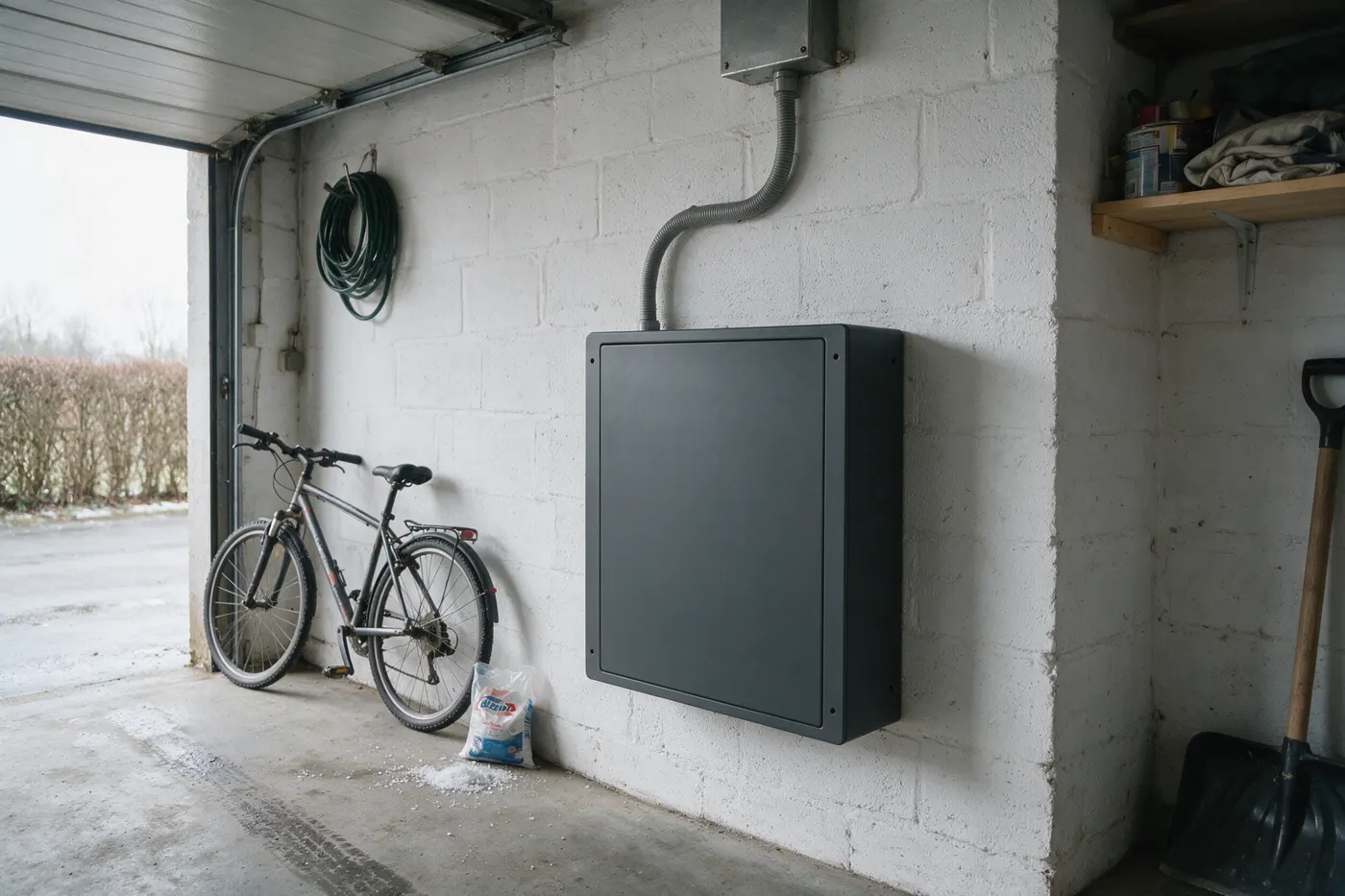 Thuisbatterij aan een garagemuur in de winter, met bekabeling naar de zekeringkast