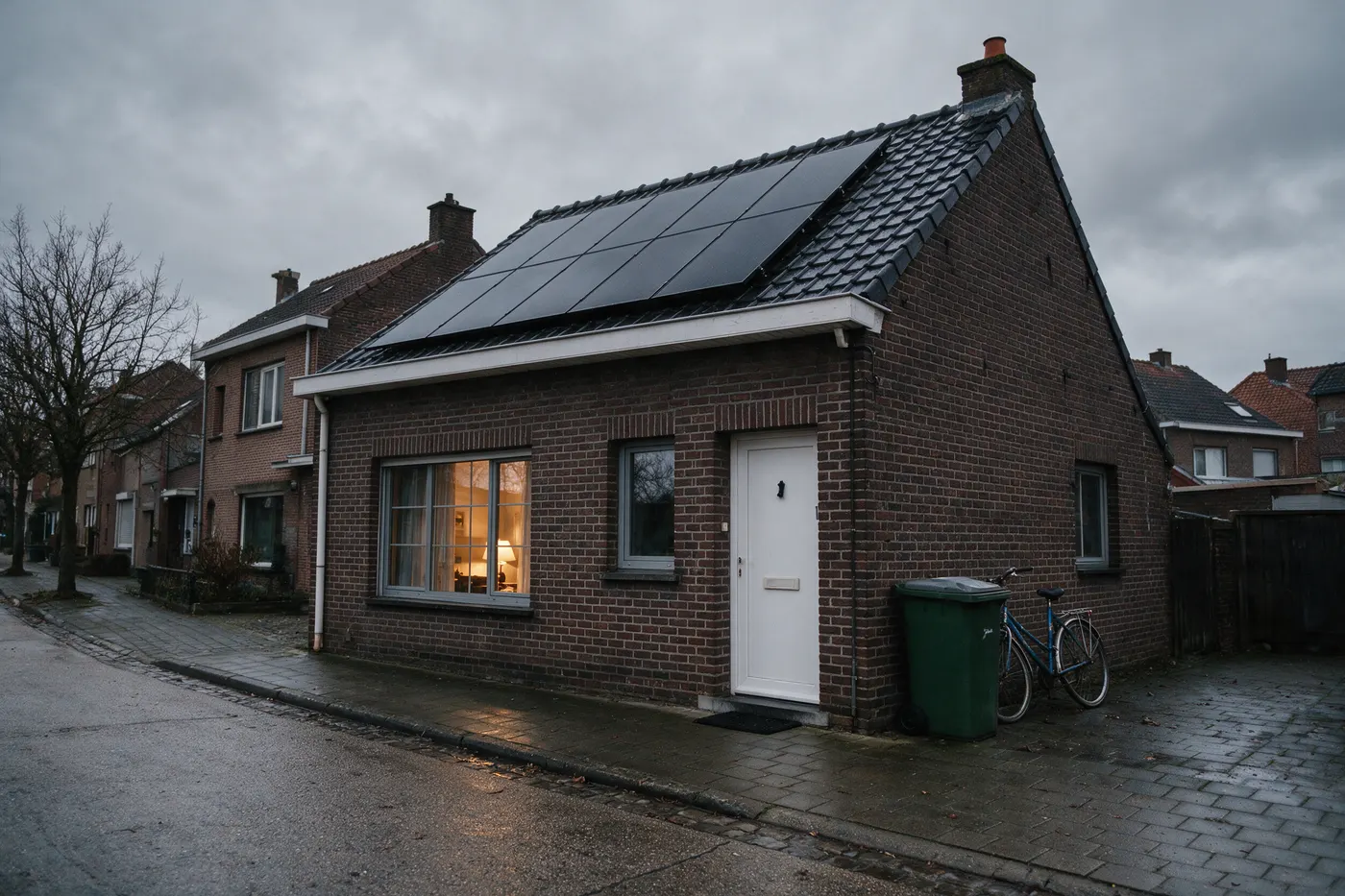 Thuisbatterij in de winter: Vlaamse woning met zonnepanelen op het dak op een grijze winternamiddag, licht aan achter één raam