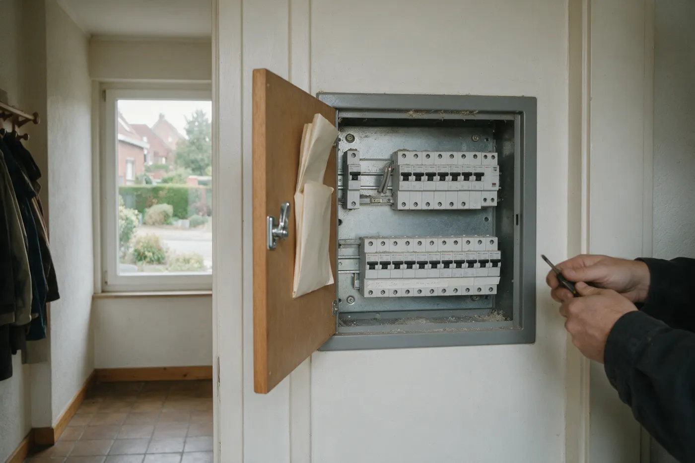 Open meterkast met zekeringen en een vrije kring, de reden waarom je een thuisbatterij niet zomaar zelf installeert