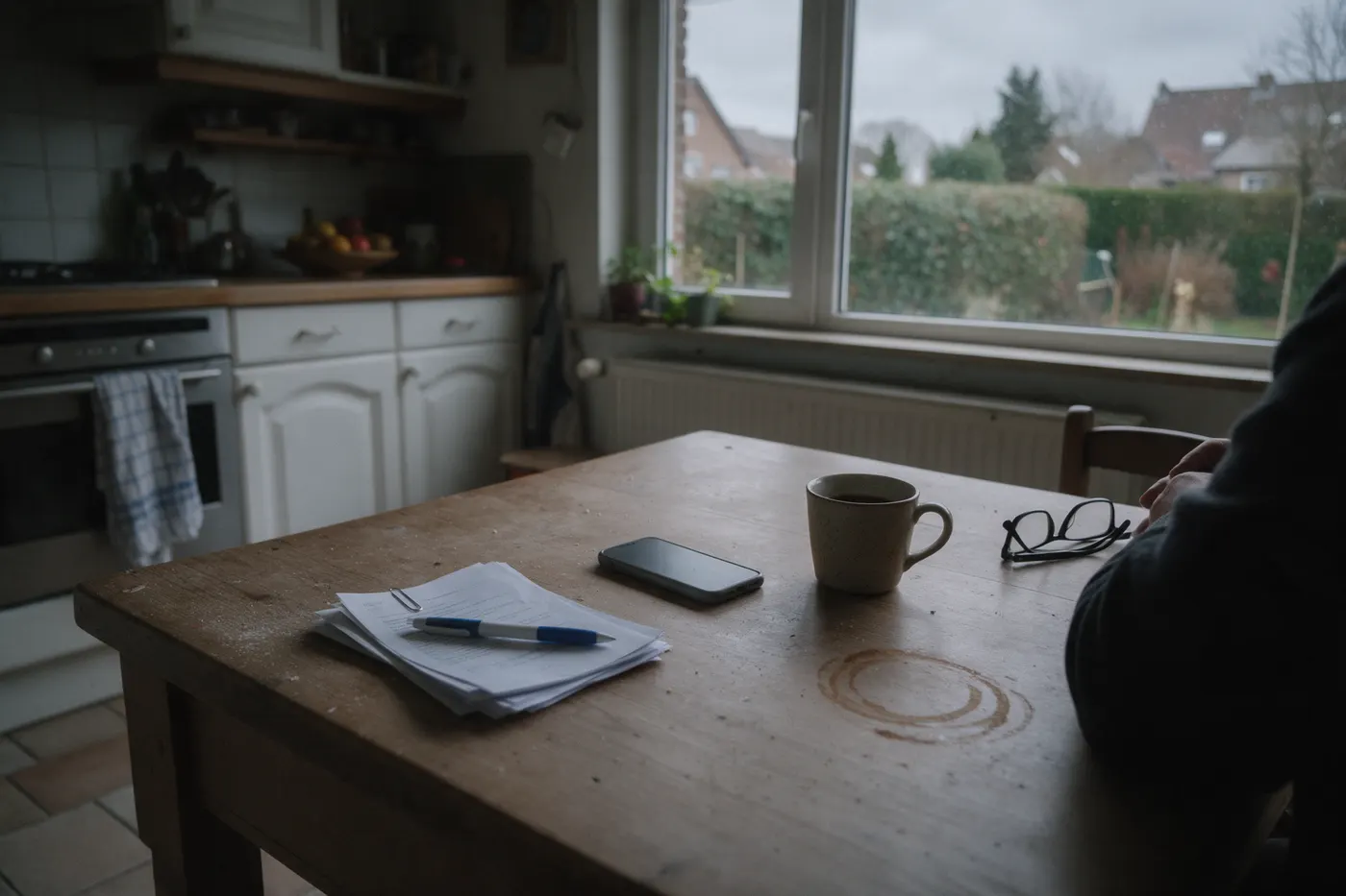 Wachten met een thuisbatterij: keukentafel met papieren, een balpen en een telefoon met donker scherm