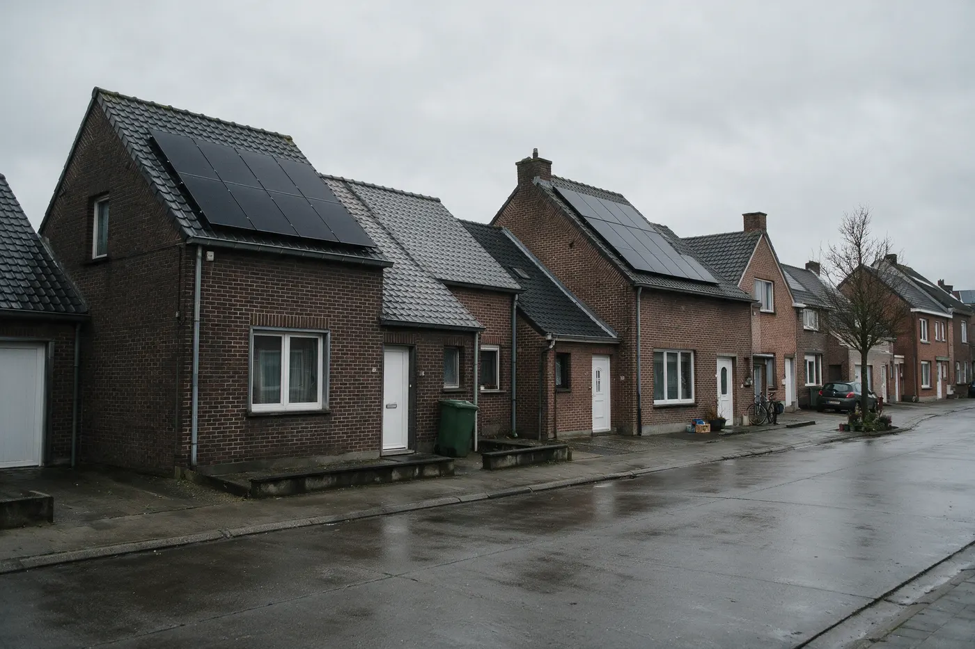Vlaamse rijwoningen waarbij sommige daken zonnepanelen hebben en andere niet — wanneer is een thuisbatterij interessant