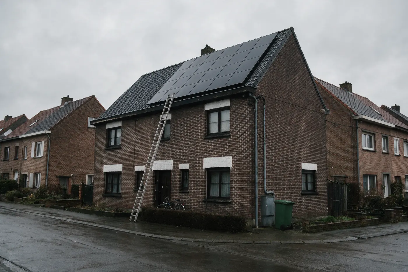 Vlaams rijhuis waar zonnepanelen en thuisbatterij samen geplaatst worden, ladder tegen de dakgoot
